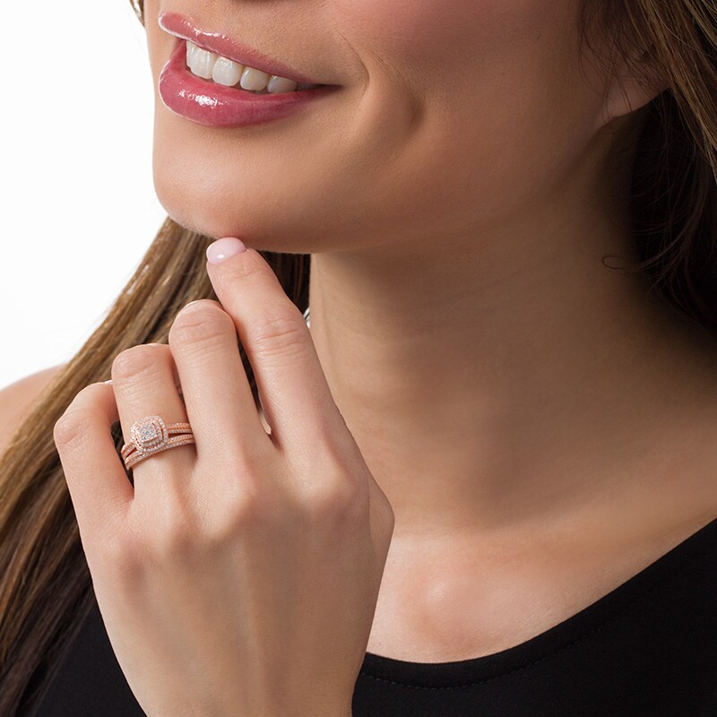 Main Image 2 of Previously Owned - 1/2 CT. T.W. Composite Diamond Double Cushion Frame Bridal Set in 10K Rose Gold