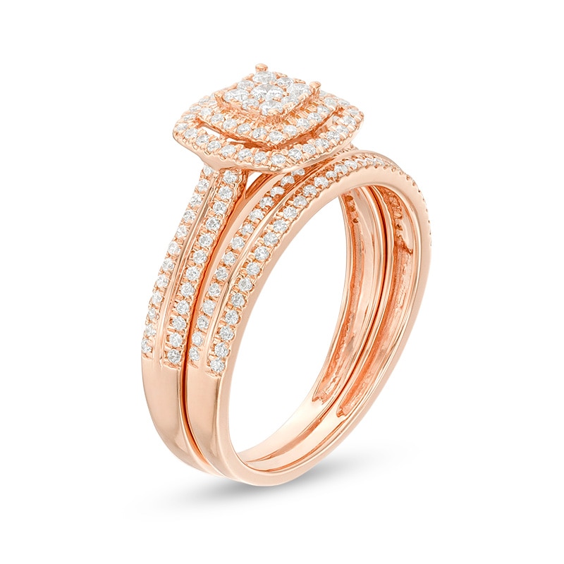 Main Image 3 of Previously Owned - 1/2 CT. T.W. Composite Diamond Double Cushion Frame Bridal Set in 10K Rose Gold