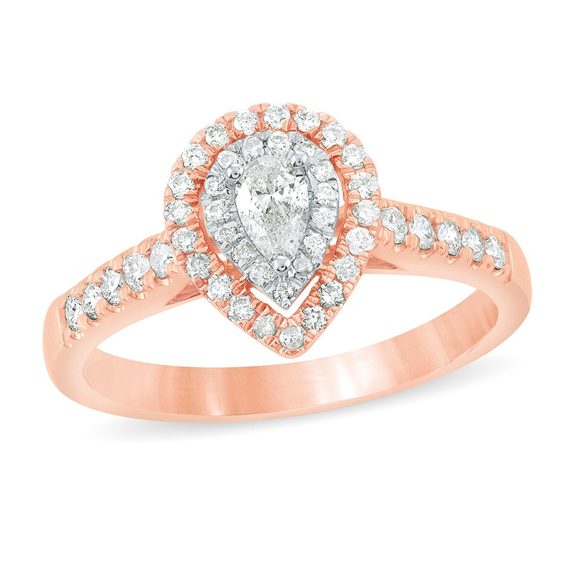 Main Image 1 of Previously Owned - 1/2 CT. T.W. Pear-Shaped Diamond Double Frame Engagement Ring in 14K Rose Gold