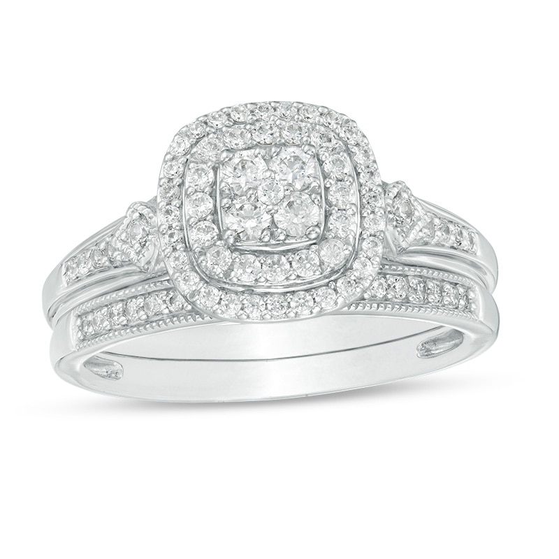 Main Image 1 of Previously Owned - 1/2 CT. T.W. Composite Diamond Double Cushion Frame Vintage-Style Bridal Set in 10K White Gold