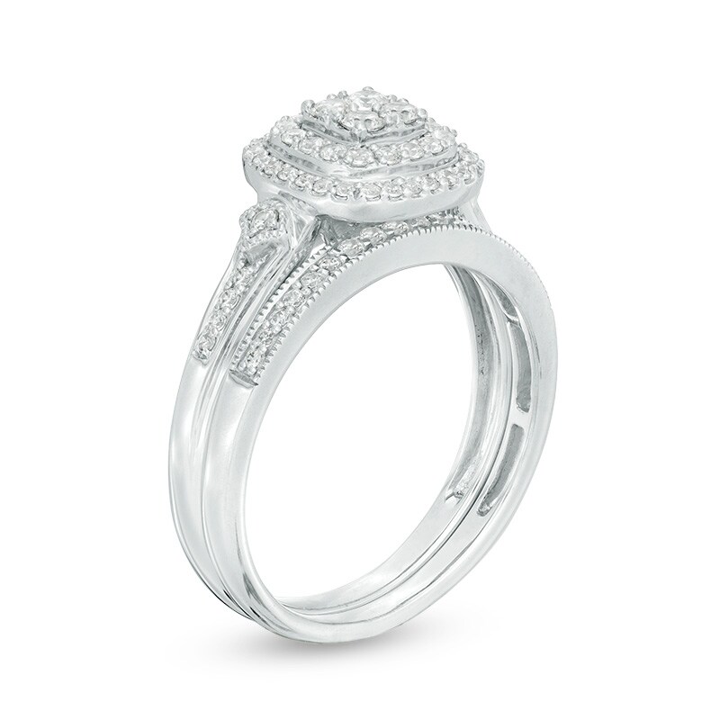 Main Image 3 of Previously Owned - 1/2 CT. T.W. Composite Diamond Double Cushion Frame Vintage-Style Bridal Set in 10K White Gold