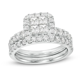 Previously Owned - 2 CT. T.W. Quad Princess-Cut Diamond Frame Bridal Set in 14K White Gold