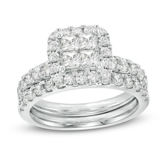 Previously Owned - 2 CT. T.w. Quad Princess-Cut Diamond Frame Bridal Set in 14K White Gold