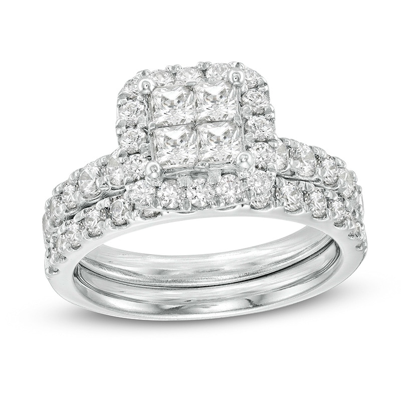 Main Image 1 of Previously Owned - 2 CT. T.W. Quad Princess-Cut Diamond Frame Bridal Set in 14K White Gold