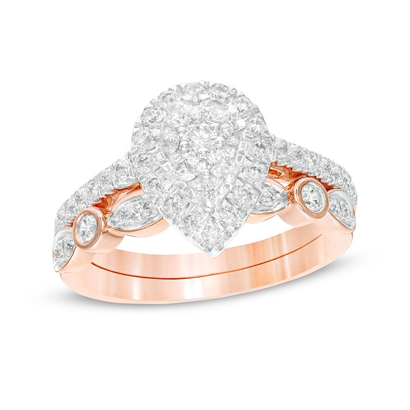 Main Image 1 of Previously Owned - 1 CT. T.W. Composite Pear-Shaped Diamond Art Deco Bridal Set in 10K Rose Gold