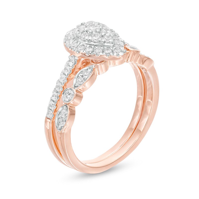 Main Image 3 of Previously Owned - 1 CT. T.W. Composite Pear-Shaped Diamond Art Deco Bridal Set in 10K Rose Gold