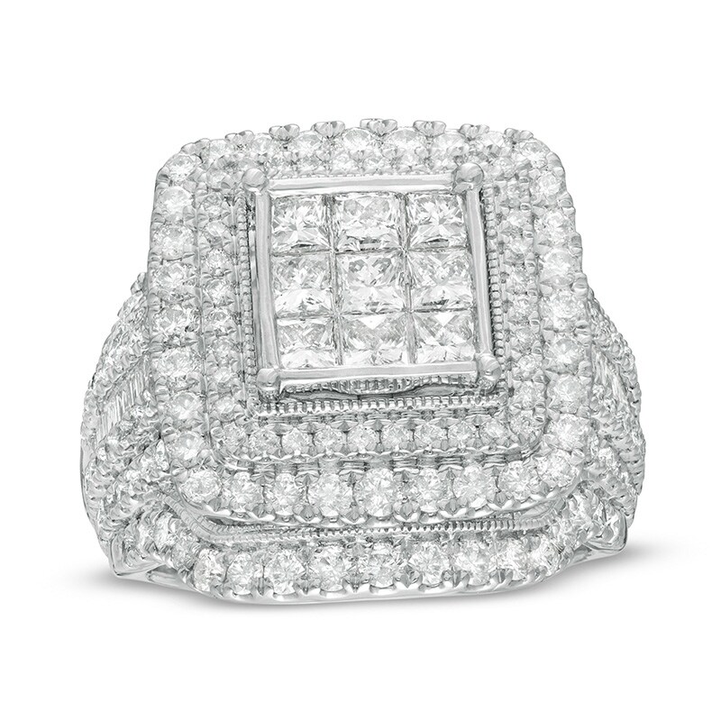 Main Image 1 of Previously Owned - 3 CT. T.W. Composite Diamond Double Cushion Frame Vintage-Style Engagement Ring in 10K White Gold