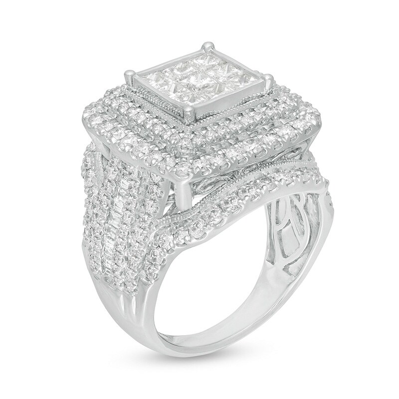 Main Image 2 of Previously Owned - 3 CT. T.W. Composite Diamond Double Cushion Frame Vintage-Style Engagement Ring in 10K White Gold