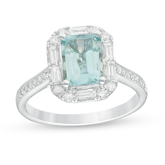 Previously Owned - Emerald-Cut Aquamarine and 3/8 CT. T.w. Diamond Frame Engagement Ring in 14K White Gold