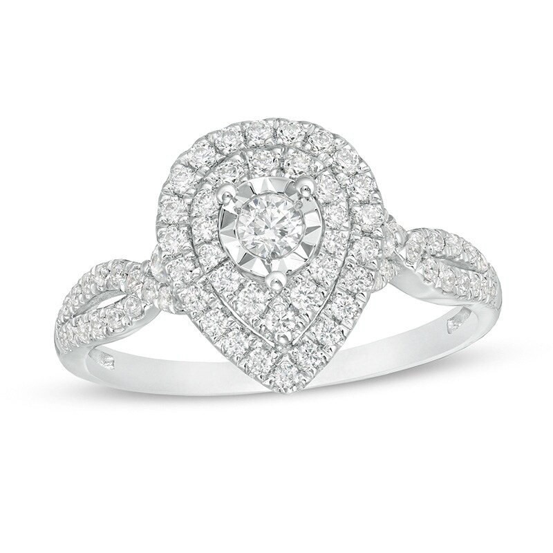 Main Image 1 of Previously Owned - 1/2 CT. T.W. Diamond Double Teardrop Frame Split Shank Engagement Ring in 10K White Gold