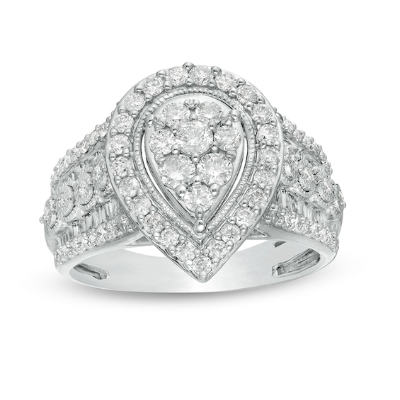 Previously Owned - 1 CT. T.w. Composite Pear Diamond Frame Vintage-Style Engagement Ring in 10K White Gold