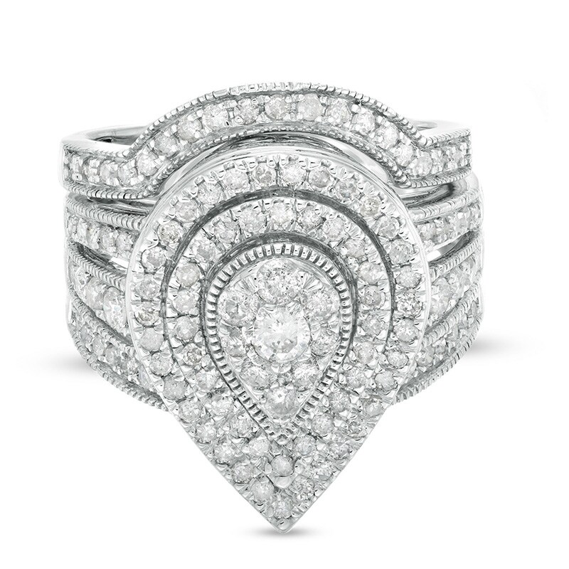 Main Image 1 of Previously Owned - 1-1/4 CT. T.W. Composite Pear Diamond Frame Multi-Row Vintage-Style Bridal Set in 10K White Gold