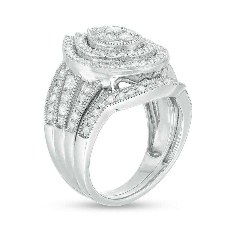 Main Image 3 of Previously Owned - 1-1/4 CT. T.W. Composite Pear Diamond Frame Multi-Row Vintage-Style Bridal Set in 10K White Gold