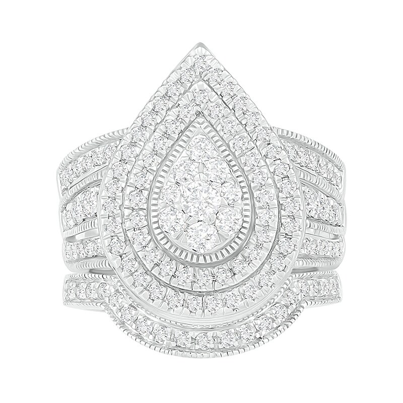 Main Image 4 of Previously Owned - 1-1/4 CT. T.W. Composite Pear Diamond Frame Multi-Row Vintage-Style Bridal Set in 10K White Gold