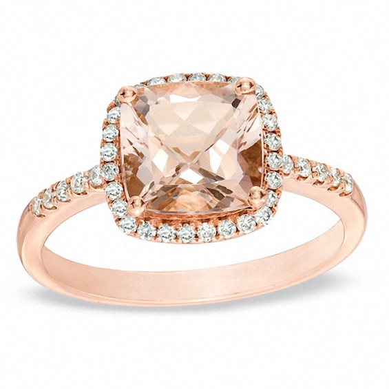 Previously Owned - 8.0mm Cushion-Cut Morganite and 1/5 CT. T.w. Diamond Frame Ring in 14K Rose Gold
