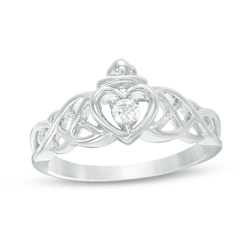 Main Image 1 of Previously Owned - 1/10 CT. Diamond Solitaire Braided Claddagh Promise Ring 10K White Gold