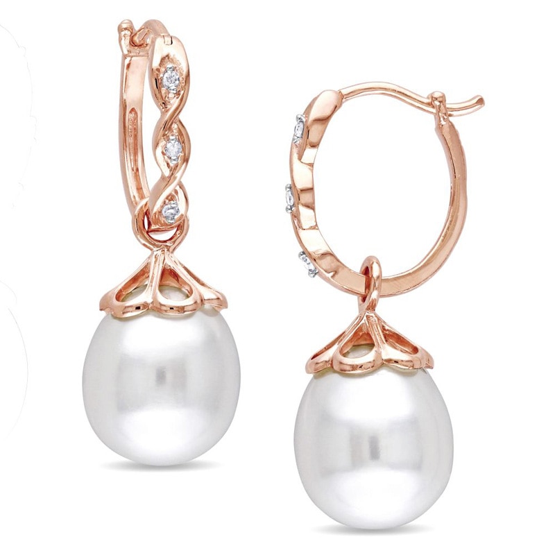 Main Image 1 of Previously Owned-9.0-9.5mm Baroque Freshwater Cultured Pearl and Diamond Accent Hoop Earrings in 10K Rose Gold
