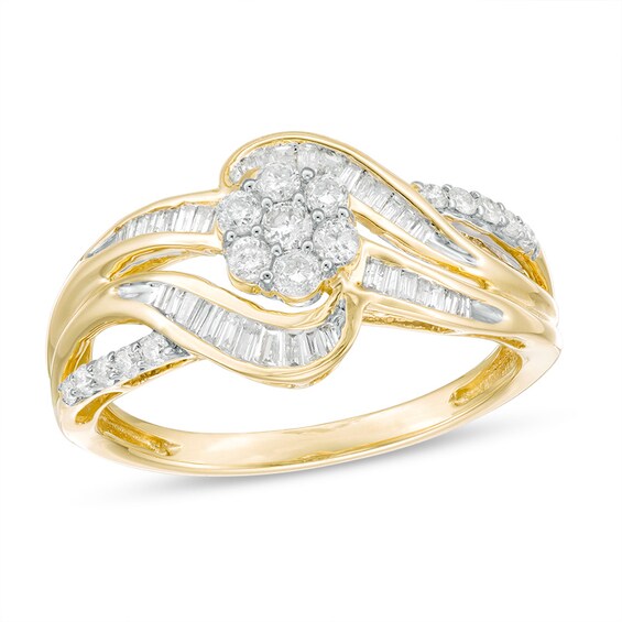 Previously Owned - 1/2 CT. T.w. Baguette and Round Composite Diamond Bypass Ring in 10K Gold