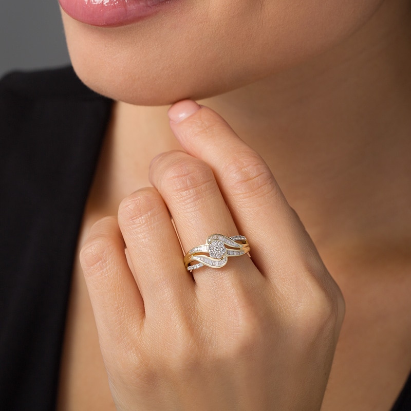 Main Image 2 of Previously Owned - 1/2 CT. T.W. Baguette and Round Composite Diamond Bypass Ring in 10K Gold