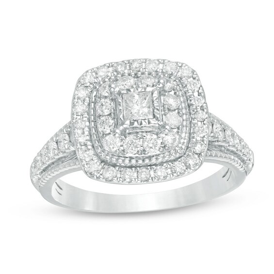 Previously Owned - 3/4 CT. T.w. Princess-Cut Diamond Double Frame Vintage-Style Engagement Ring in 14K White Gold