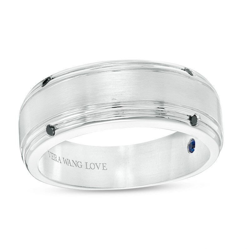 Main Image 1 of Previously Owned - Vera Wang Men's 1/20 CT. T.W. Black Diamond Four Stone Wedding Band in 14K White Gold