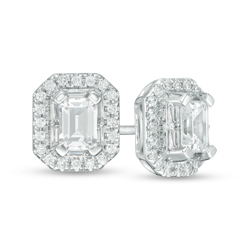 Main Image 1 of Previously Owned - 1 CT. T.W. Emerald-Cut Diamond Stud Earrings in 14K White Gold (I/SI2)