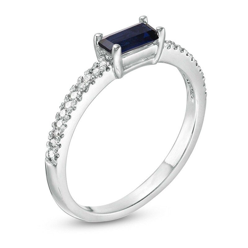 Main Image 3 of Previously Owned - Sideways Baguette Lab-Created Blue Sapphire and 1/10 CT. T.W. Diamond Ring in 10K White Gold