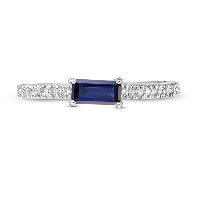 Main Image 4 of Previously Owned - Sideways Baguette Lab-Created Blue Sapphire and 1/10 CT. T.W. Diamond Ring in 10K White Gold