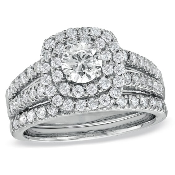 Previously Owned - 1-1/2 CT. T.w. Diamond Double Frame Bridal Set in 14K White Gold