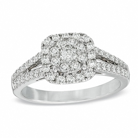 Previously Owned - 3/4 CT. T.w. Diamond Cluster Split Shank Engagement Ring in 14K White Gold
