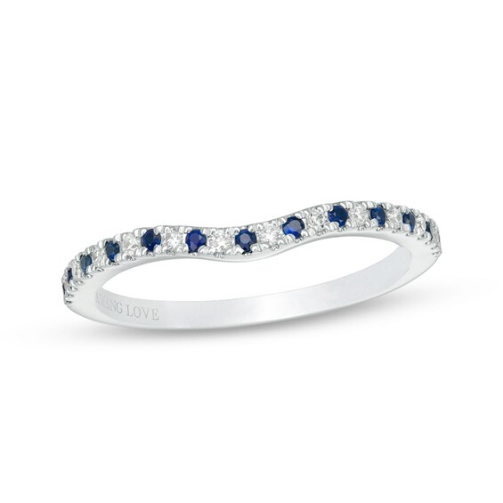 Previously Owned - Vera Wang Love Collection Blue Sapphire and 1/15 CT. T.w. Diamond Wedding Band in 14K White Gold