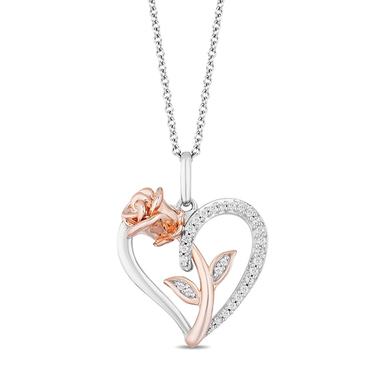 Previously Owned - Enchanted Disney Belle 1/10 CT. T.w. Diamond Rose and Heart Pendant in Sterling Silver - 19"