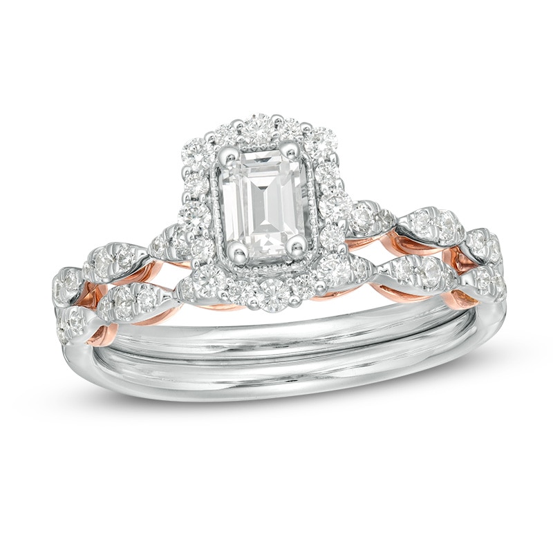 Main Image 1 of Previously Owned - Celebration Ideal 3/4 CT. T.W. Emerald-Cut Diamond Scallop Shank Bridal Set in 14K Two-Tone Gold