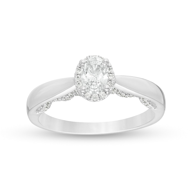 Main Image 1 of Previously Owned - Celebration Ideal 3/4 CT. T.W. Oval Diamond Frame Engagement Ring in 14K White Gold (I/I1)