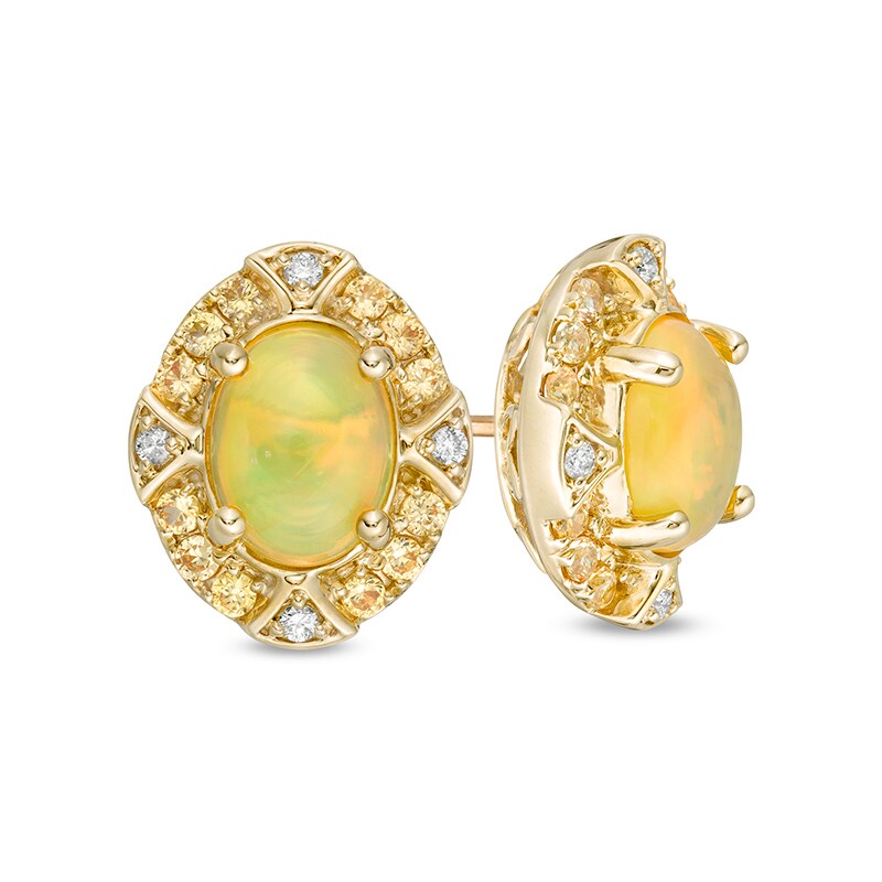 Main Image 1 of Previously Owned - Captivating Color Oval Opal, Spessartite and 1/20 CT. T.W. Diamond Frame Stud Earrings in 14K Gold