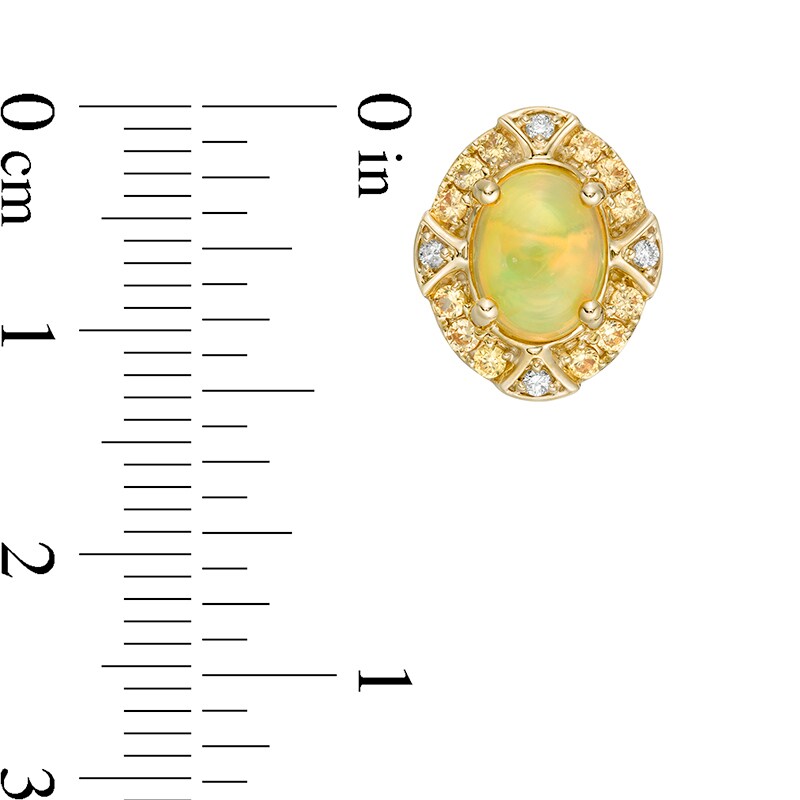 Main Image 3 of Previously Owned - Captivating Color Oval Opal, Spessartite and 1/20 CT. T.W. Diamond Frame Stud Earrings in 14K Gold