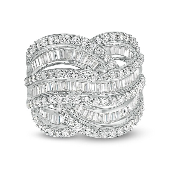 Previously Owned - 2 CT. T.w. Baguette and Round Diamond Layered Overlay Ring in 10K White Gold