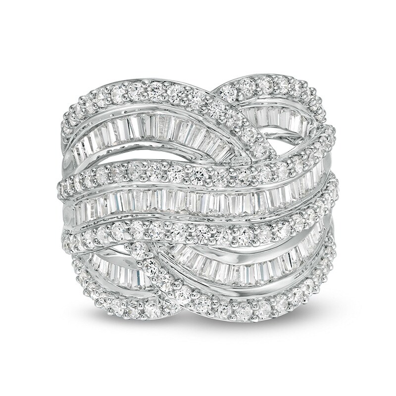 Main Image 1 of Previously Owned - 2 CT. T.W. Baguette and Round Diamond Layered Overlay Ring in 10K White Gold