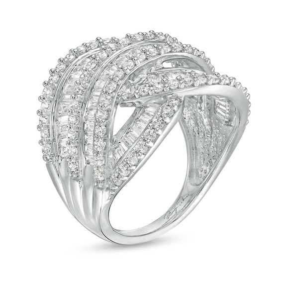 Previously Owned - 2 CT. T.w. Baguette and Round Diamond Layered Overlay Ring in 10K White Gold