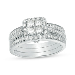 Previously Owned - 3/4 CT. T.W. Quad Princess-Cut Diamond Frame Vintage-Style Bridal Set in 10K White Gold