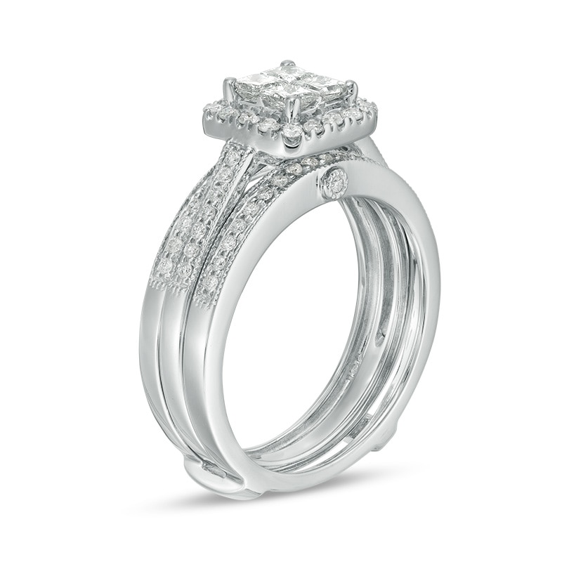 Main Image 2 of Previously Owned - 3/4 CT. T.W. Quad Princess-Cut Diamond Frame Vintage-Style Bridal Set in 10K White Gold