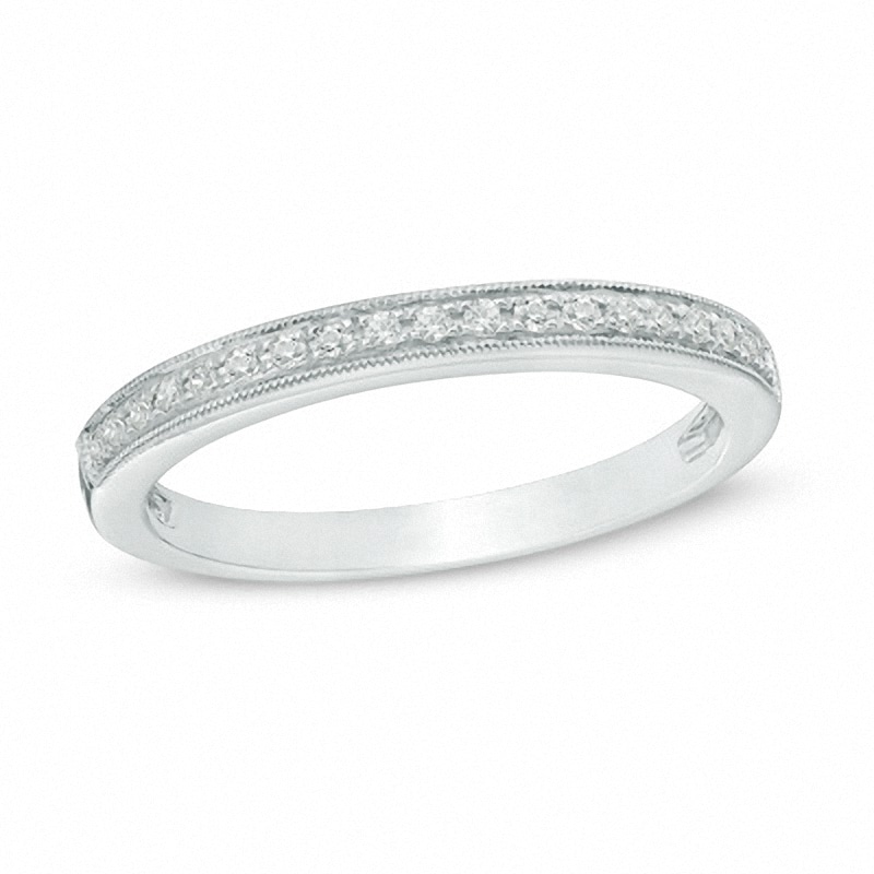 Main Image 1 of Previously Owned - Ladies' 1/10 CT. T.W. Diamond Milgrain Wedding Band in 14K White Gold