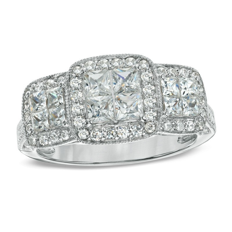 Main Image 1 of Previously Owned - 1-1/2 CT. T.W. Princess-Cut Quad Diamond Past Present Future® Ring in 14K White Gold