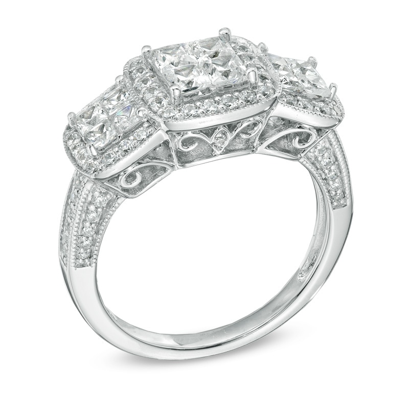 Main Image 2 of Previously Owned - 1-1/2 CT. T.W. Princess-Cut Quad Diamond Past Present Future® Ring in 14K White Gold