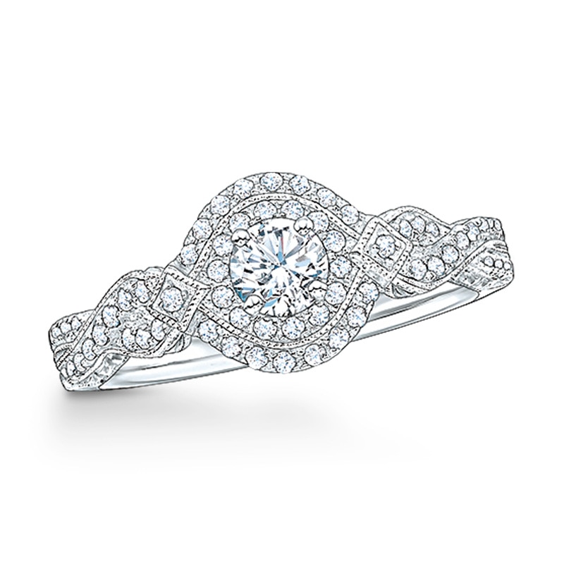 Main Image 1 of Previously Owned - 5/8 CT. T.W. Diamond Double Frame Vintage-Style Engagement Ring in 14K White Gold