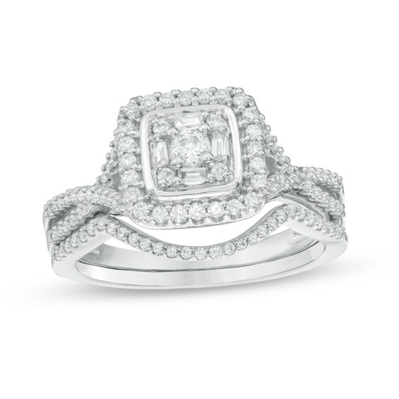 Previously Owned - 1/2 CT. T.w. Baguette and Round Diamond Square Frame Bridal Set in 10K White Gold