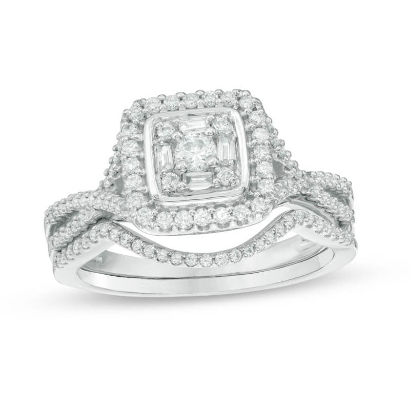 Main Image 1 of Previously Owned - 1/2 CT. T.W. Baguette and Round Diamond Square Frame Bridal Set in 10K White Gold