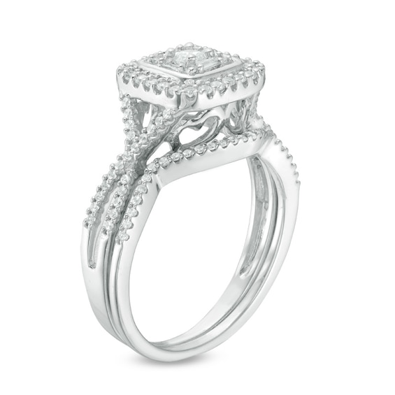 Previously Owned - 1/2 CT. T.w. Baguette and Round Diamond Square Frame Bridal Set in 10K White Gold