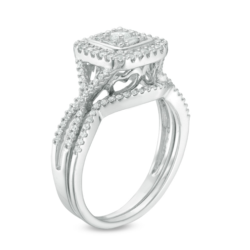Main Image 2 of Previously Owned - 1/2 CT. T.W. Baguette and Round Diamond Square Frame Bridal Set in 10K White Gold