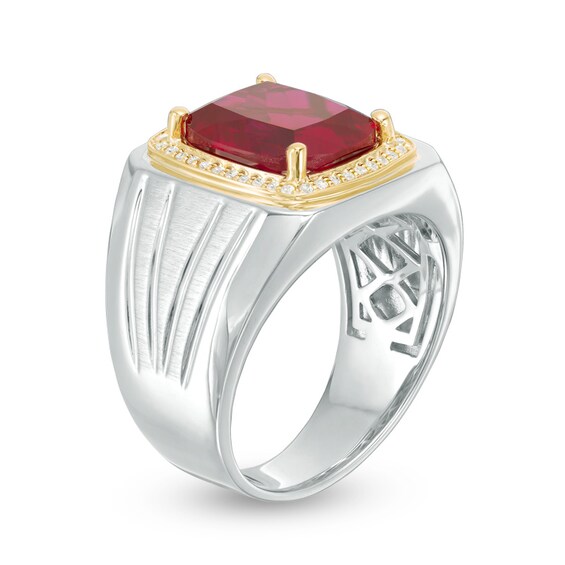 Previously Owned - Cushion-Cut Lab-Created Ruby and 1/6 CT. T.w. Diamond Ring in Sterling Silver and 10K Gold